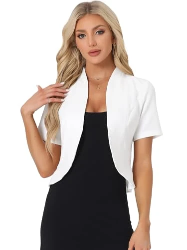 Short Sleeve Blazer for Women's Business Suit Jacket Collarless Cardigan White XL