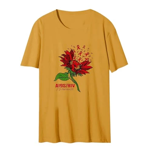 Short Sleeve Casual T-Shirt Women Ladies Casual Prevention Day Printed Crew Neck T-Shirt in Plain Colour T-Shirt Women with Print, yellow, Large