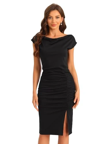 Short Sleeve Dresses for Women's Cowl Neck Ruched Dress Black S