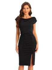 Short Sleeve Dresses for Women's Cowl Neck Ruched Dress Black S