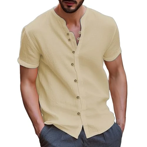 Short Sleeve Hooded T Shirt Mens, Cotton Linen Plain Colour Grandad T Shirts Short-Sleeved Button Do