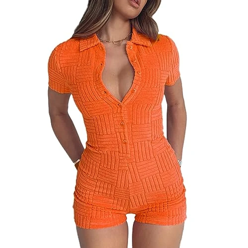 Short Sleeve Jumpsuit for Women Tight Bodycon Button Down Towelling Playsuit Shorts Sexy Unitards Bodysuit Romper Summer One Piece Loungewear Party Festival Outfits (B 01- Orange, M)