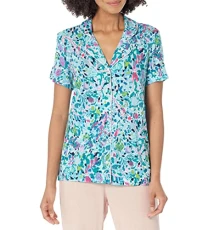 Short Sleeve Knit Button-Up PJ Top, Multi Dive Bar, XXL