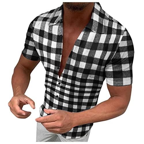 Short Sleeve Shirt Men's Checked Shirt Men's Spring and Summer Fashion Casual Bows Plaid Buckle Shor