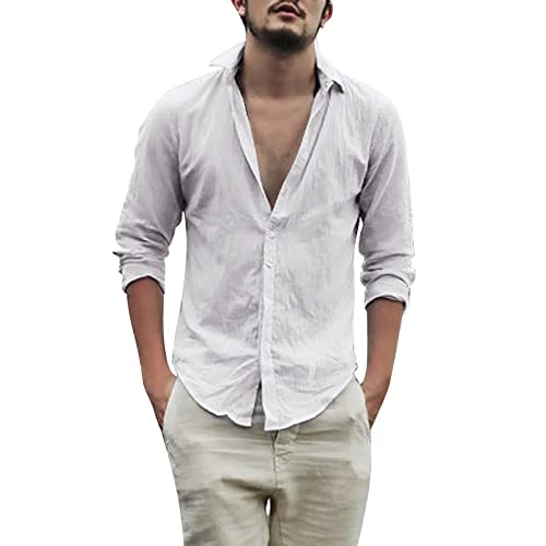 Short Sleeve Shirt Men's Slim Fit Long Sleeve Cotton Linen Shirt Beach Button Down Shirts Casual But