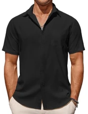 Short Sleeve Shirts Men Casual Summer Beach Shirts Wrinkle Free Button Down Lightweight Textured Shirt Black M