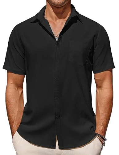 Short Sleeve Shirts Men Casual Summer Beach Shirts Wrinkle Free Button Down Lightweight Textured Shirt Black M