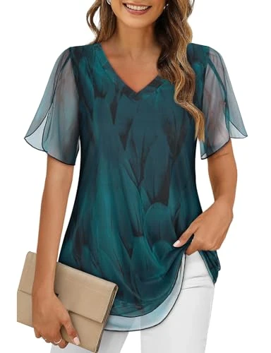 Short Sleeve Tops for Woman, Fancy Work Office Ladies Summer Tops V Neck Loose Tunic to Wear with Leggings Peacock Blue X-Large