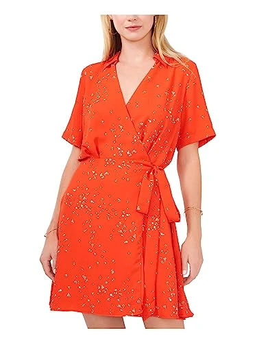 Short Sleeve Wrap Front Side Tie Sporadic Stems Dress Blaze Orange MD