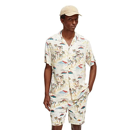 Short Sleeved Printed Camp Shirt ss, White Palmtree Island AOP, S