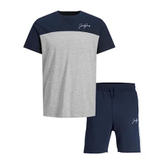 Short Sleeves Tee and Shorts Loungewear Set for Men, Made with 100% Cotton Regular Fit Summerwear w/Crew Neckline, Navy Blazer or Black (Navy Blazer, XL)