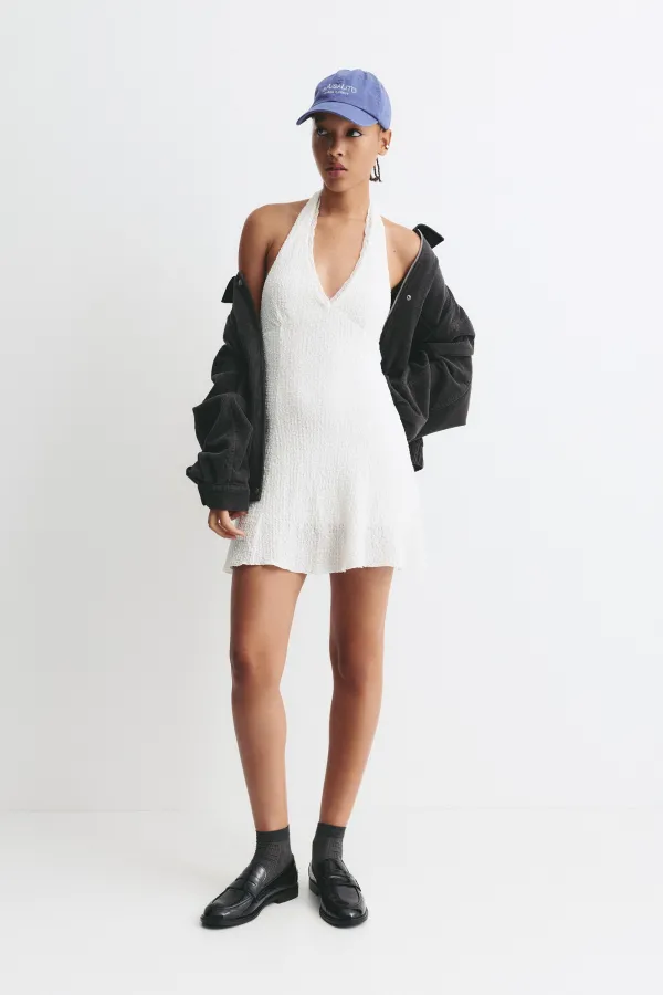 Short Textured Halter Dress - White