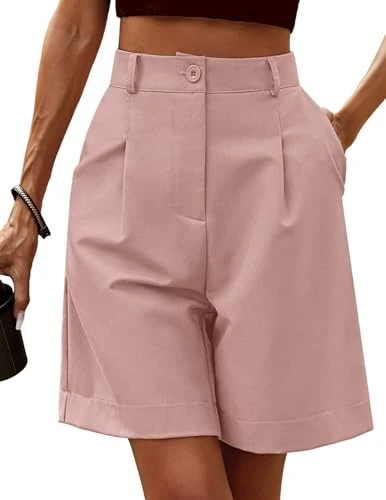Shorts for Women Bermuda Shorts Casual Elastic High Waisted Wide Leg Cargo Work Shorts Knee Length Summer Shorts with Pockets Size 12 Pink