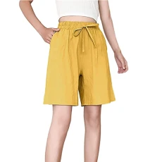 Shorts for Women UK Cotton Linen Casual Shorts Plus Size Versatile Printed Plaid Pants Wide Legs Comfy Sweatpants Pajama Pants Bottom Drawstring Home Shorts with Pocket(B Yellow,M)