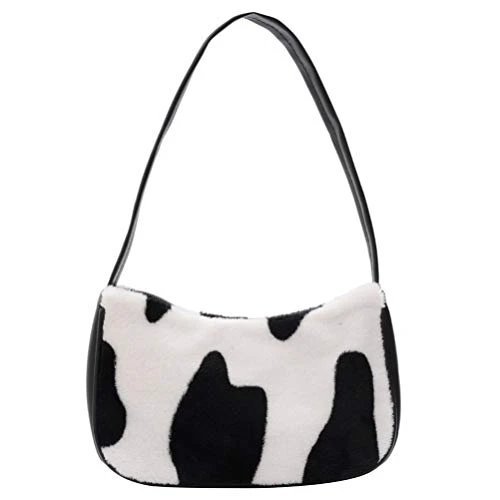 Shoulder Bag for Women Mini Furry Handbag Underarm Purse Cow Print Clutch Bag Faux Fur Purse