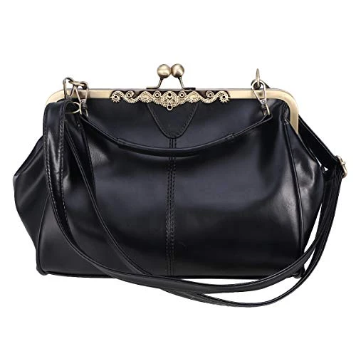 Shoulder bag kiss lock shoulder bag PU leather handbag closure for women, black