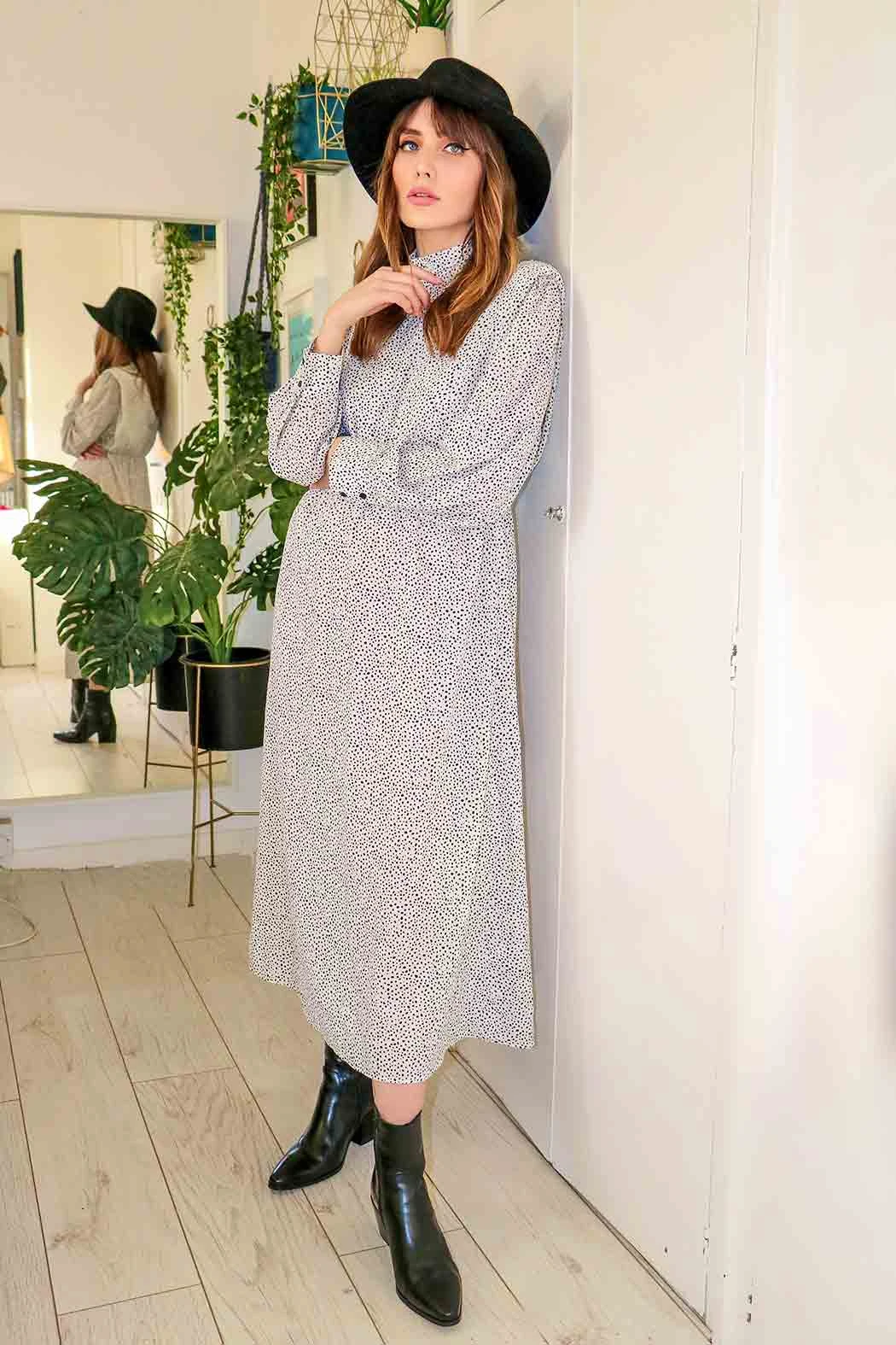 Shoulder Pad High Neck Midi Dress White /