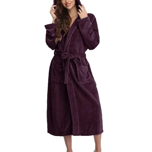 Shower Robe for Women Towel Women Hooded Fleece Bathrobe Lightweight Soft Plush Long Flannel Sleepwear Fleece Hooded Bathrobe Plush Long Warm Robe (Purple, L)