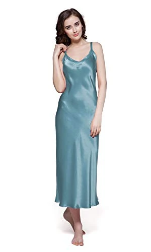 Silk Nightgown for Women 22 Momme 100% Pure Silk Neligee Night Dress Sleeveless V Neck Cami Long Dress for Sleeping Ladies Spaghetti Straps M, Blue Haze