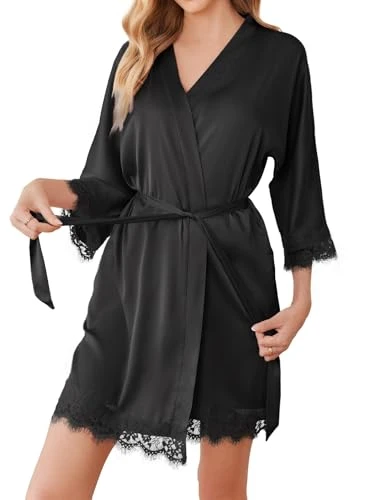 Silk Robes for Women Lace Trim Short Satin Dressing Gown 3/4 Sleeve Bride Robe with Oblique V-Neck Black S