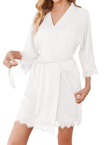 Silk Robes for Women Lace Trim Short Satin Dressing Gown 3/4 Sleeve Bride Robe with Oblique V-Neck White XL