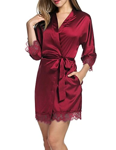 Silk Robes for Women Lace Trim Short Satin Dressing Gown 3/4 Sleeve Bride Robe with Oblique V-Neck Wine red S