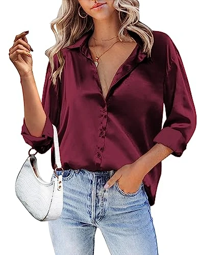 Silk Shirts for Women UK Women's Satin Silk Long Sleeve Button Down Shirt Formal Work Blouse Top Win