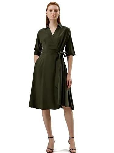 Silk Wrap Dress for Women Front Tie Half Sleeve Umbrella Hem V-Neck Casual or Work Summer Silk Dresses(Olive Green,M)