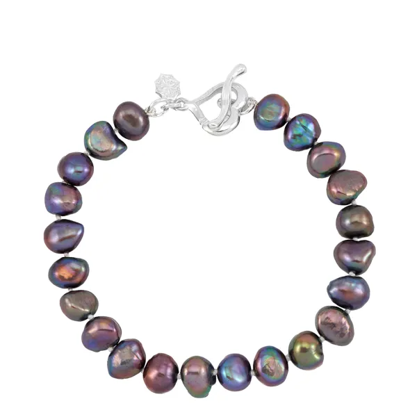 Silver 10mm Baroque Peacock Pearl Bracelet