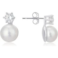 Silver Classic Bridal Crystal and Pearl Stud Earrings - Silver