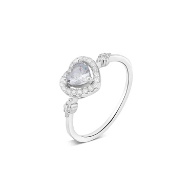 Silver Crystal Heart Solitaire Ring - Ring Size 50 Silver