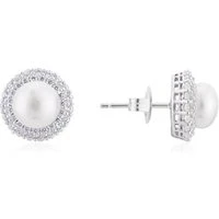 Silver Crystal Pearl Halo Earrings - 925 Silver