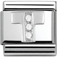 Silver Cubic Zirconia Letter Charm - T