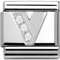 Silver Cubic Zirconia Letter Charm - V