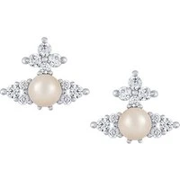 Silver Fedora Pearl Crystal Orb Stud Earrings - Silver