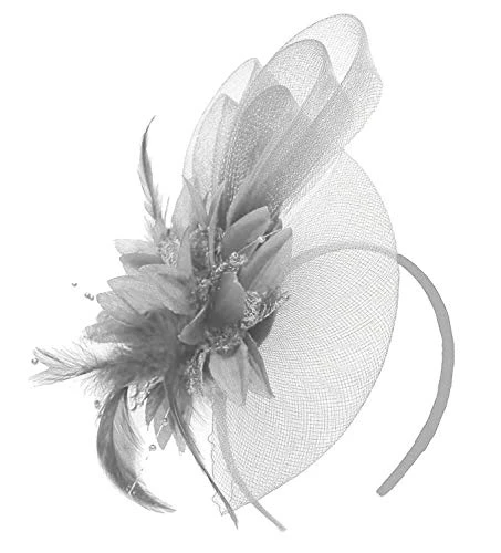 Silver Grey Fascinator Headband Flower Wedding Ascot Races Net Hat Feathers