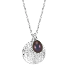 Silver Hammered Disc & Peacock Freshwater Pearl Pendant