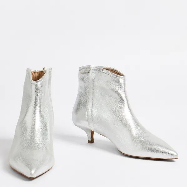Silver Leather Pointed Kitten Heel Boot