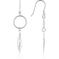 Silver Open Circle Drop Feather Earrings - 925 Silver