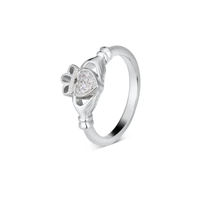 Silver Pave Heart Claddagh Ring - Ring Size 60