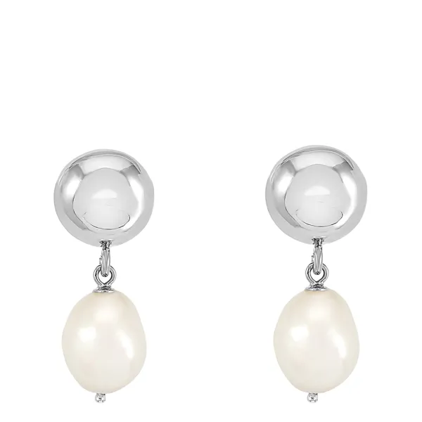 Silver Pebble Stud & White Pearl Drop Earrings