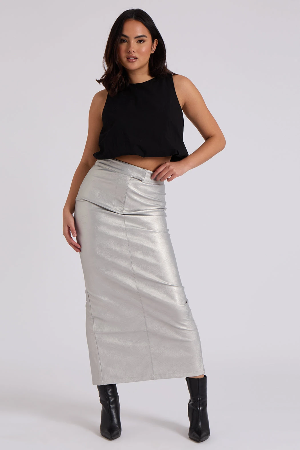 Silver PU Split Back Maxi Skirt /