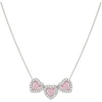 Silver Triple Pink CZ Heart Necklace