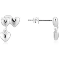 Silver Triple Puffed Heart Stud Earrings - Silver