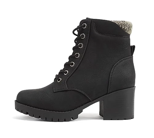 Single Lug Sole Chunky Heel Combat Ankle Boot Lace up w/Side Zipper, Black (Nubuck), 6.5 UK