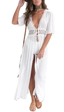 SK-478 Women's Sexy Beach Dress Vintage Elegant Light Summer Beach Dresses Beach Poncho Bikini Cover Up, White - Long, XL SK-478 Women's Sexy Beach Dress Vintage Elegant Light Summer Beach Dresses Beach Poncho Bikini Cover Up, White - Long, XL