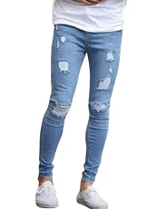 Skinny Slim Fit Stretch Denim Ripped Jeans for Men Light Blue M