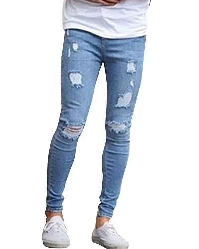 Skinny Slim Fit Stretch Denim Ripped Jeans for Men Light Blue M