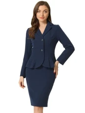 Skirt Suit Sets for Women's 2 Piece Formal Office Notched Lapel Peplum Jacket Blazer Pencil Skirts Set Navy M