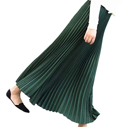 Skirts for Women Maxi Pleated Skirt Elastic Skirt High Waist Pleated A-Line Swing Long Skirt (Green,